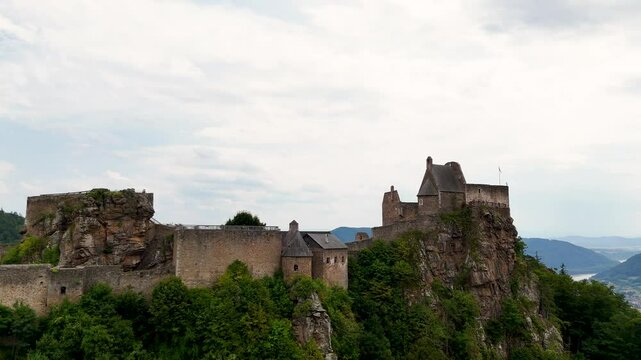 Aerial View of Medieval Aggstein Fortress in Lower Austria. Top Cinematic Aerial view