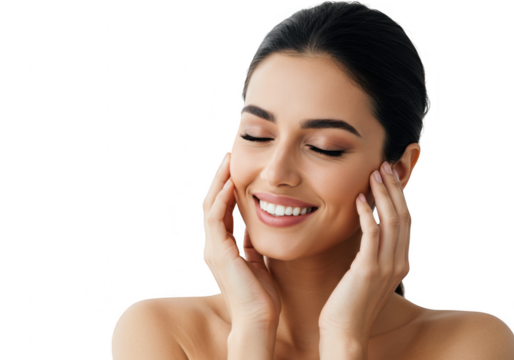 Beautiful woman with eyes closed touching her face isolated on transparent background