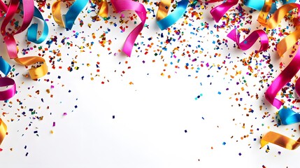 Fototapeta premium Colorful confetti and ribbon falling background. Copy space for text. Celebration party image.