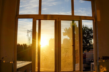 The hospital corridors and windows at sunrise in the early morning