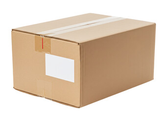 A brown cardboard box sealed with tape and a blank label, isolated on transparent background