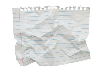 A crumpled sheet of lined notebook paper isolated on transparent background