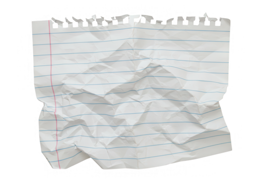 A crumpled sheet of lined notebook paper isolated on transparent background
