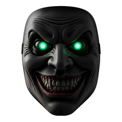 Naklejka premium Terrifying black monster mask with glowing green eyes and a sinister, wide grin showing sharp teeth isolated on white background
