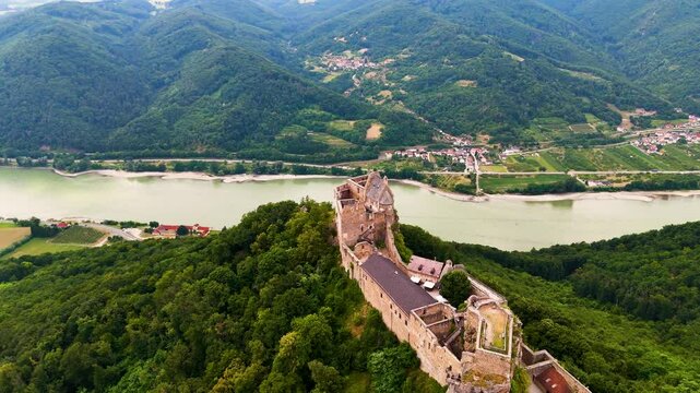 Aerial View of Medieval Aggstein Fortress in Lower Austria. Top Cinematic Aerial view