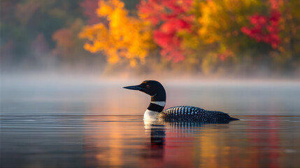 Serene morning scene of a solitary common loon swimming in calm waters of Maine's lake at sunrise, surrounded by misty fog and vibrant autumn colors.