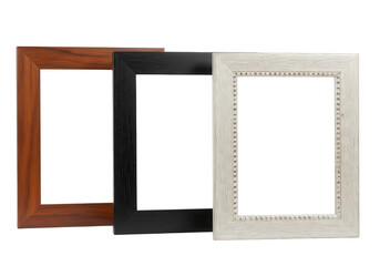 Three empty picture frames in brown, black, and gray are isolated on transparent background
