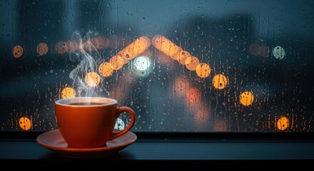 Steaming cup sits on a table while rain streaks the window at night