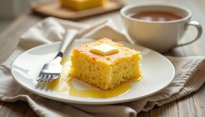 Slice of Yellow Sponge Cake with Butter and Honey on a White Plate Next to a Cup of Tea in Cozy Breakfast Setting
