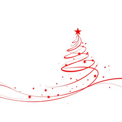 Elegant Christmas Tree Design with Red Ribbon and Stars on Black Background