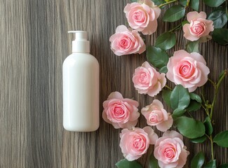 White pump bottle of lotion beside pink roses on wood.