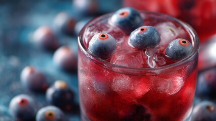 Chilling Halloween-inspired blueberry cocktail with eerie eyeball-like berries floating in a deep red, blood-like beverage with condensation