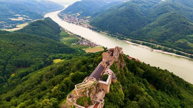 Aerial View of Medieval Aggstein Fortress in Lower Austria. Top Cinematic Aerial view
