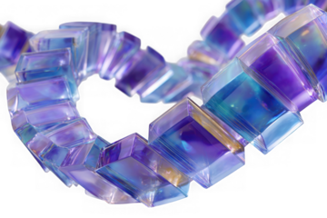 Iridescent glass cubes linked together in a curved chain isolated on transparent background