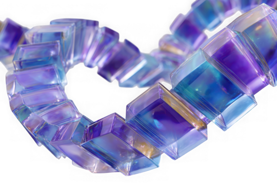 Iridescent glass cubes linked together in a curved chain isolated on transparent background