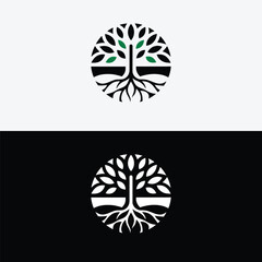 Tree of life logo design with roots and leaves isolated on white background