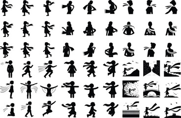 Stylish Girl with Scarf in Breeze – Minimal Silhouette Vector Design Girl with Flying Scarf in Wind Silhouette – Elegant Windy Moment Icon Set