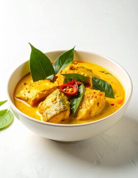 Bowl of Gulai Tempoyak Patin Fish With Fresh Herbs and Spices in a Creamy Coconut Sauce Served in a Bowl