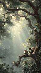 Family of monkeys sits on tree branches in sunlit forest, surrounded by lush greenery and dappled light