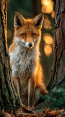 Fototapeta premium Red fox looking alert in forest with soft morning light creating serene atmosphere