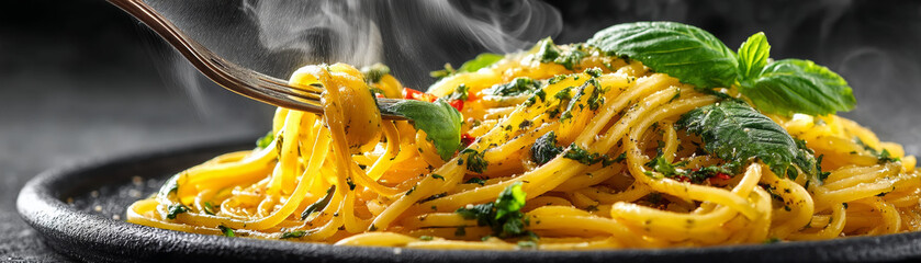 Steaming hot pasta with Thai basil and herbs on black plate, twirled on fork