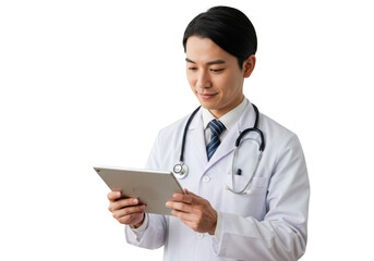 Asian male doctor wearing a white coat and stethoscope using a tablet computer isolated on transparent background