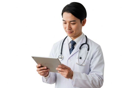 Asian male doctor wearing a white coat and stethoscope using a tablet computer isolated on transparent background - Powered by Adobe