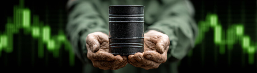 Hands holding miniature oil barrel against fluctuating stock market graph background