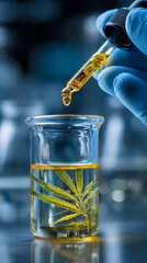 Laboratory technician holds dropper with cannabis oil above beaker containing cannabis leaf