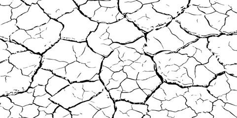 Black and white cracked earth texture, depicting dryness and erosion. Ideal for climate change, drought, desertification, or natural disaster themes in art, design, or environmental awareness.