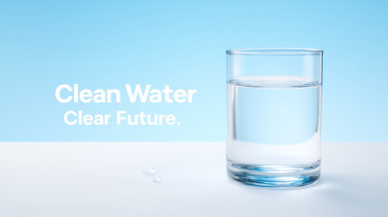 Glass of clean water sits on pristine surface with light blue backdrop. Emphasizes importance of hydration and environmental sustainability