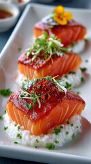 Salmon sashimi on sticky rice garnished with microgreens and roe, presented elegantly on white plate