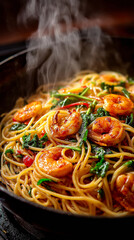 Steaming spaghetti with shrimp and vegetables in pan, showcasing vibrant colors and appetizing aroma