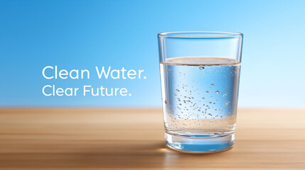 Sparkling water in clear glass on smooth wooden surface with vibrant blue background. Concept of hydration, health, wellness. Suitable for beverage, health, lifestyle brands