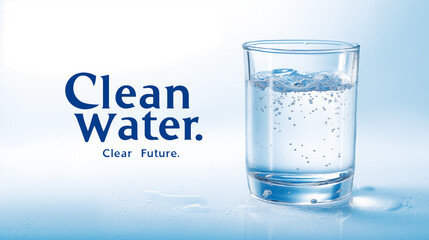 Glass filled with clear water showcases bubbles rising to the surface. Bright blue background emphasizes cleanliness and freshness. Concept of hydration, water quality, health awareness
