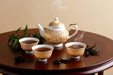Fototapeta premium cup of tea and teapot on wooden table , teapot and cup of tea , _A_warm_and_inviting_still_life_photograph_