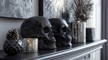 Elegant Gothic Display: An artistic composition on a mantelpiece, two meticulously crafted black skulls take center stage. Beside the skulls, exquisite gothic elements such as pinecone and candles.