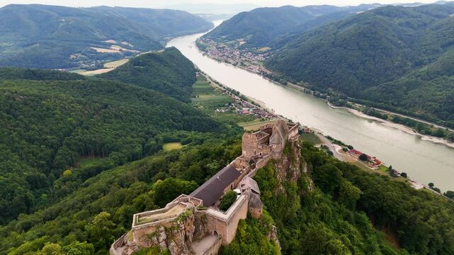 Aerial View of Medieval Aggstein Fortress in Lower Austria. Top Cinematic Aerial view