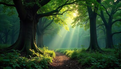 Serene Ancient Forest Sunlight Dapples the Mystical Canopy, Creating a Heart of Untouched Wilderness