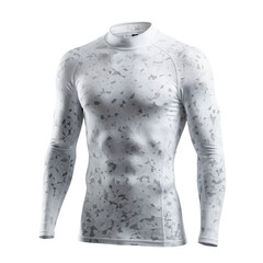 White long-sleeve compression shirt with a subtle gray abstract pattern on a dark background, Sportswear.
