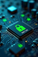 Cybersecurity in ARVR A glowing green padlock on a dark circuit board, showcasing technological security, vertical composition.