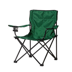 Green portable folding camping chair with armrests and a mesh cup holder on a white background, Outdoor Gear.
