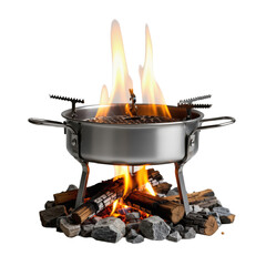 Portable stainless steel grill with vibrant flames and wood logs, ideal for outdoor cooking and camping adventures.