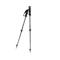 Trekking poles on a rugged mountain trail with snow-capped peaks and vibrant autumn flora under a bright sun, Autumn Winter Hiking Adventure