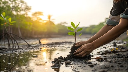 Person planting a small mangrove seedling in muddy coastal waters at sunset