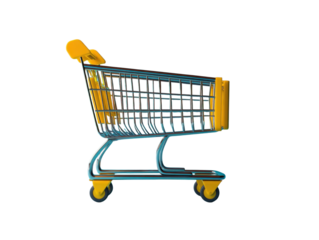 A shopping cart with yellow wheels and a yellow handle
