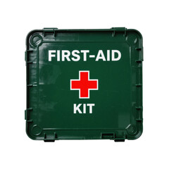 Green first-aid kit box with a red cross symbol on a white background, viewed from above, for emergency preparedness.