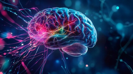 Obraz premium A glowing, digital representation of a human brain with neural connections illuminated in vibrant colors against a dark, blurred background.