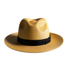 A classic straw fedora hat with a black ribbon band sits on a clean white surface, Summer Fashion.