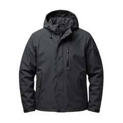 Dark grey waterproof outdoor jacket with hood and zippers, perfect for autumn and winter activities.
